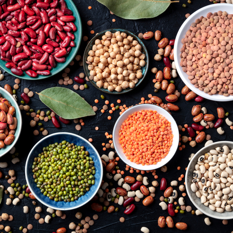 An assortment of beans, lentils and peas