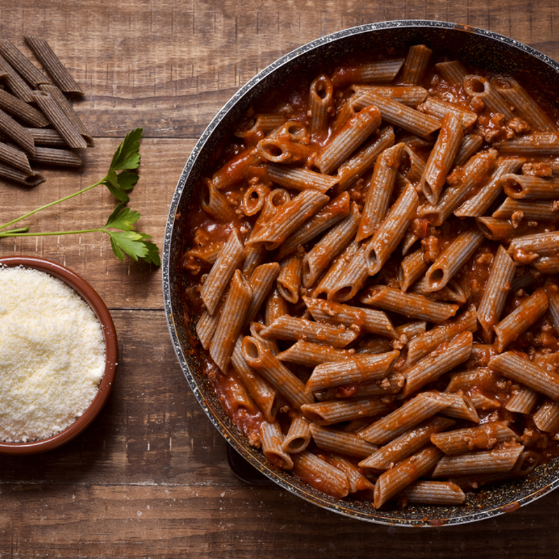 A pan of wholewheat pasta meal