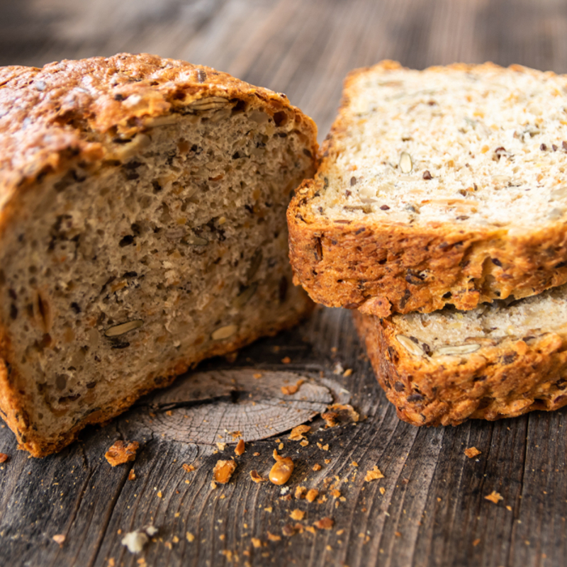 A loaf of wholegrain bread sliced